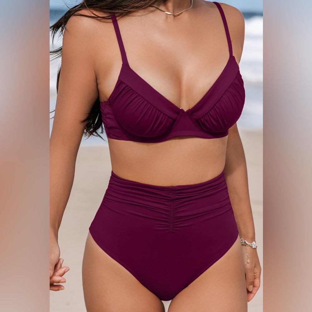 Maroon High-Waisted Bikini Set with Ruched Detailing